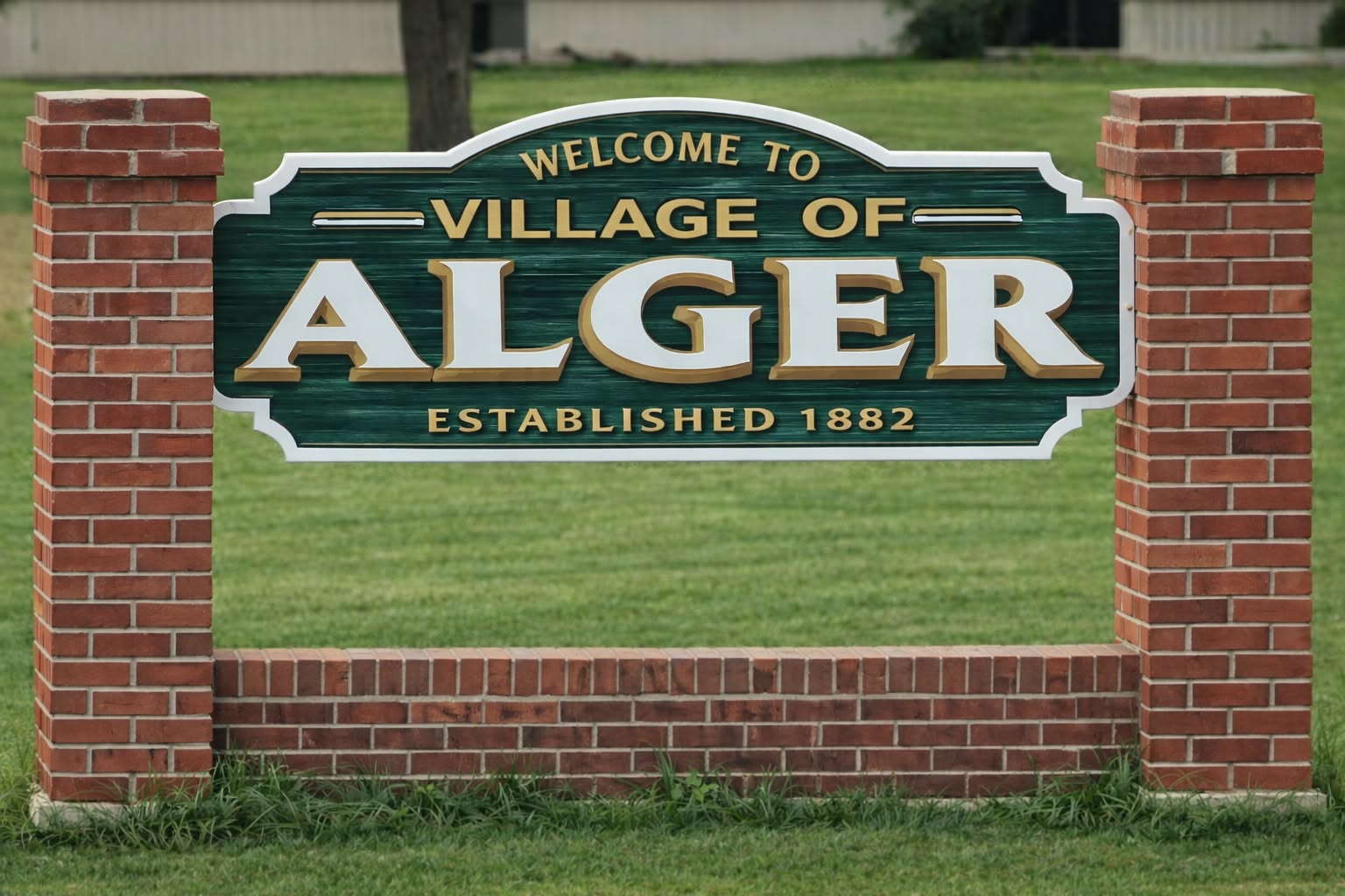 Village of Alger welcome sign reading Established 1882 between brick pillars.