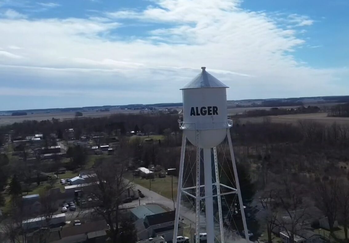 Aerial view of the Alger water tower overlooking the village.